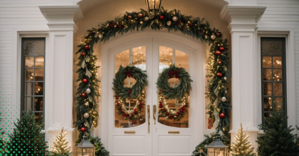 A festive front entrance adorned with holiday wreaths, garlands, and lights