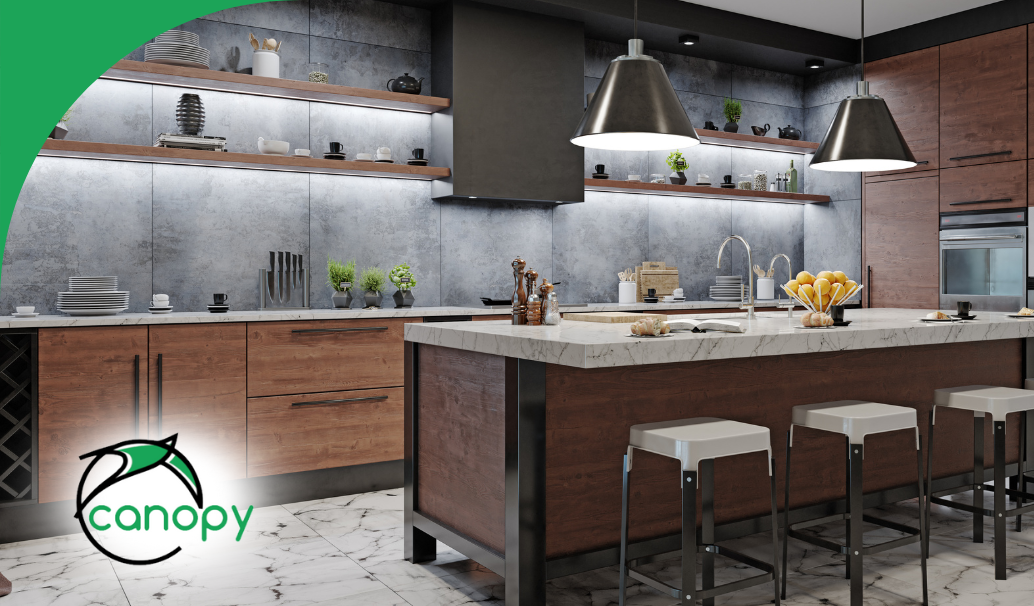 A sleek modern kitchen with wooden cabinetry, a marble island, and contemporary lighting