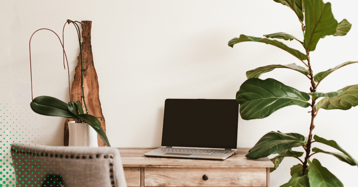 A minimalist workspace featuring a wooden desk, laptop, and lush greenery for a natural touch.