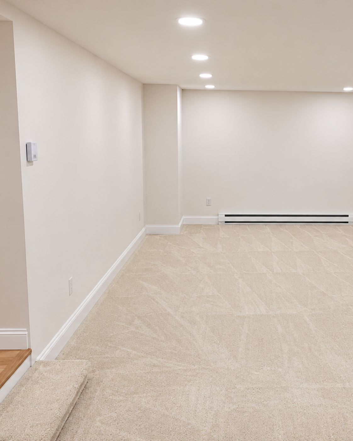 Bright finished basement with new flooring and colonial trim by Canopy Building Services