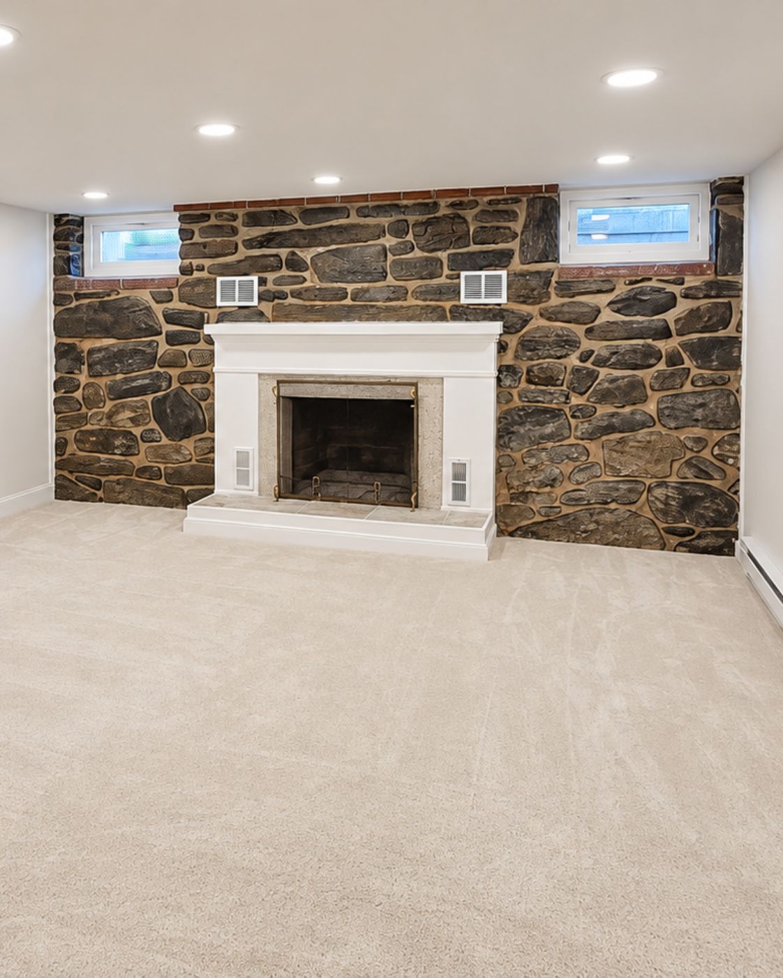 Updated fireplace with new tile detailing and finished trim in renovated basement by Canopy Building Services