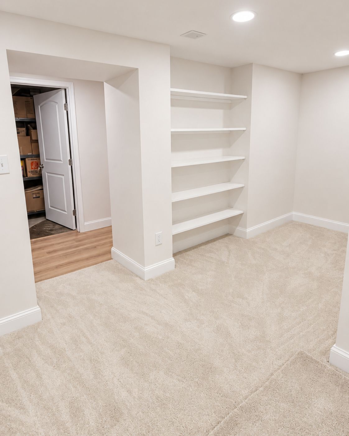 Custom under-stair shelving and storage in finished basement by Canopy Building Services