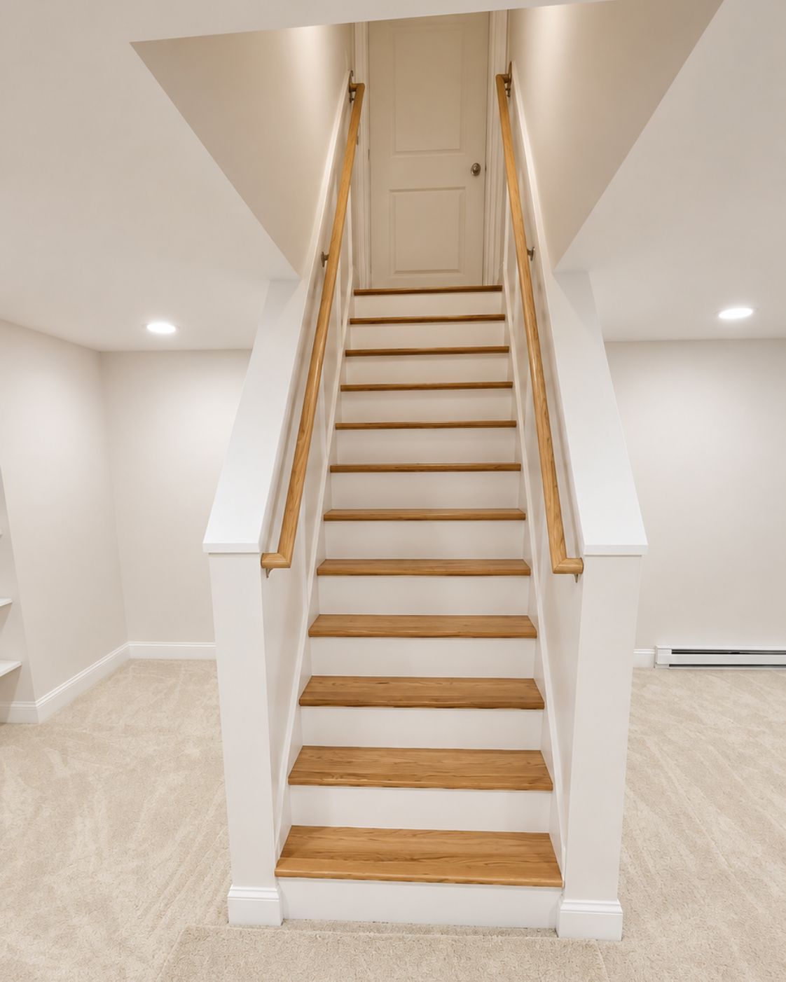 Fully finished basement with recessed lighting and colonial trim by Canopy Building Services