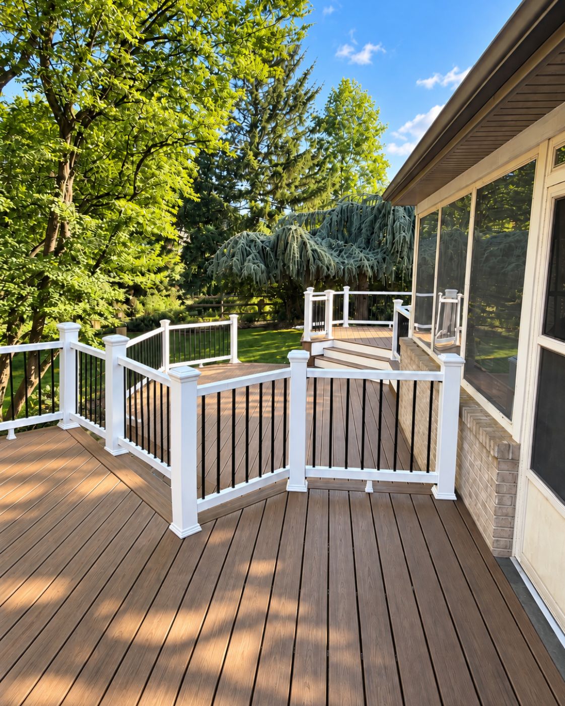 New composite decking with picture-frame border and angled board runs by Canopy Building Services