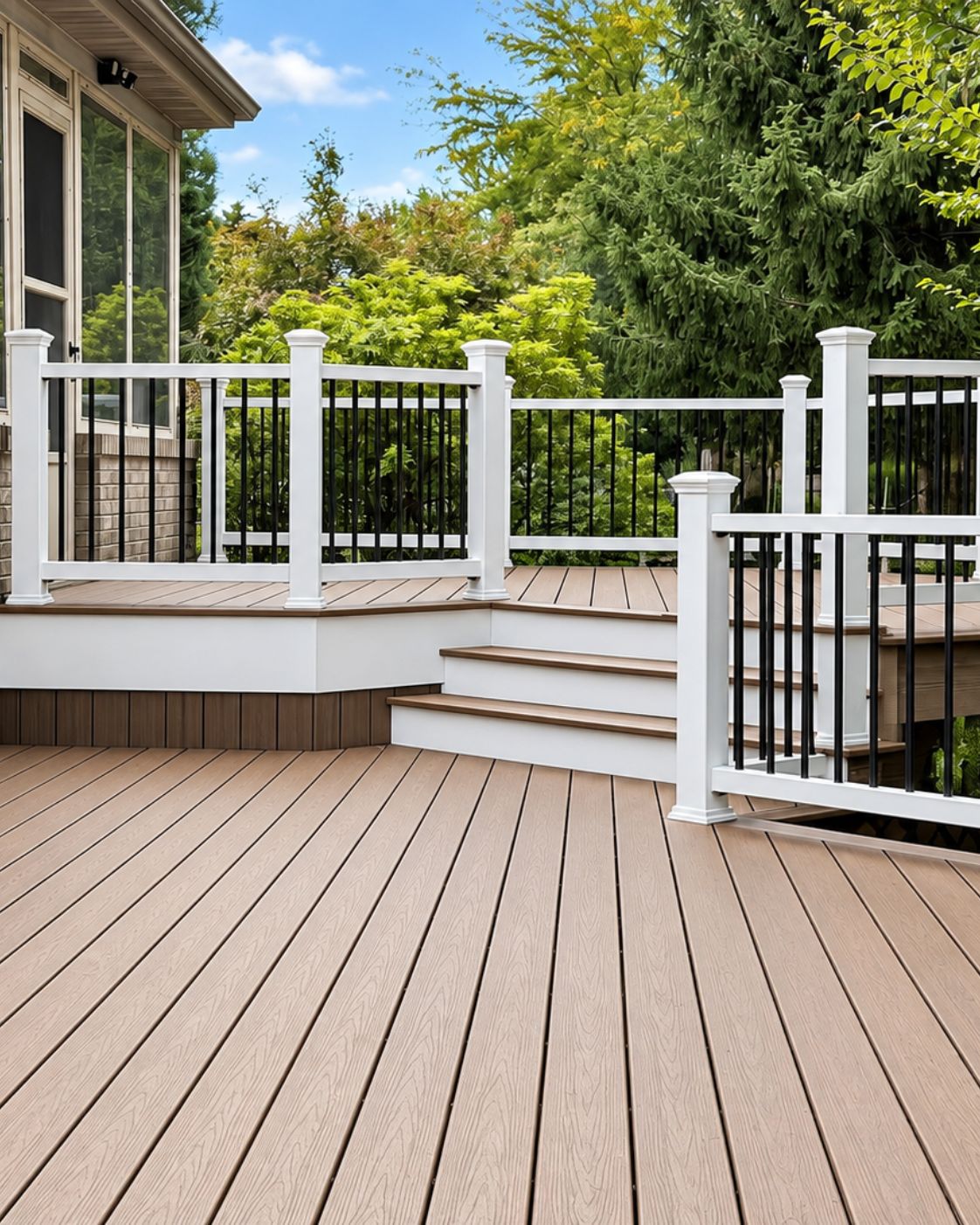 Finished multi-level composite deck with new railings and vinyl lattice skirting by Canopy Building Services
